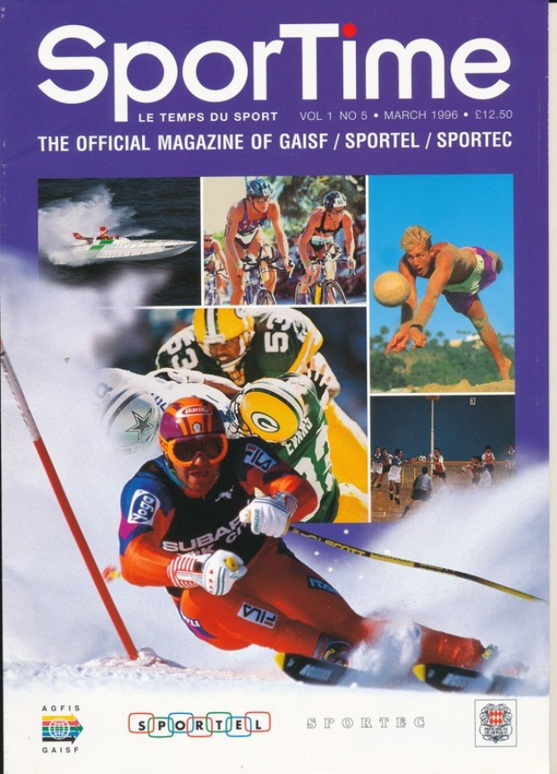 Ein Magazin-Cover mit der Aufschrift 'Sporttime Magazine - März 1996', das Bilder von Menschen beim Skifahren und Snowboarden zeigt, sowie Text und Logos.