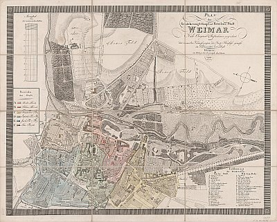 Detailierte alte Karte von Weimar, Deutschland, die Straßen, Gebäude und Sehenswürdigkeiten zeigt.