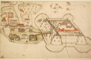 Eine stilisierte Karte von Auschwitz-Birkenau, Polen, mit einem zentralen Schloss umgeben von Gebäuden, Bäumen und Menschen, die es beobachten, mit dem Text "Auschwitz-Birkenau, Polen" unten.