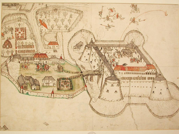 Eine stilisierte Karte von Auschwitz-Birkenau, Polen, mit einem zentralen Schloss umgeben von Gebäuden, Bäumen und Menschen, die es beobachten, mit dem Text "Auschwitz-Birkenau, Polen" unten.