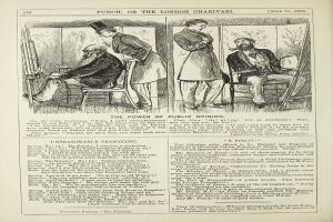 Eine Schwarz-Weiß-Illustration aus einem alten Buch, die einen Mann in Anzug auf einem Stuhl mit ernstem Gesichtsausdruck und eine Frau daneben zeigt, die nachdenklich aussieht, mit der Überschrift "Die Macht der öffentlichen Meinung" auf der Seite.