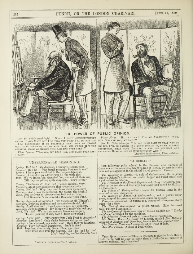 Eine Schwarz-Weiß-Illustration aus einem alten Buch, die einen Mann in Anzug auf einem Stuhl mit ernstem Gesichtsausdruck und eine Frau daneben zeigt, die nachdenklich aussieht, mit der Überschrift "Die Macht der öffentlichen Meinung" auf der Seite.