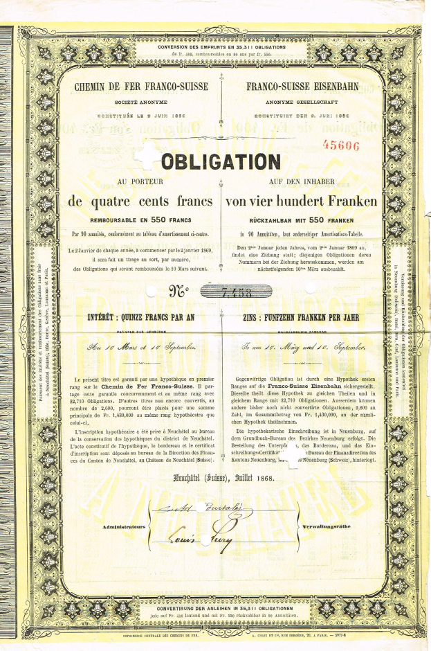 Ein altes französisches Regierungsaktienzertifikat zum Kauf von 500 Francs, mit Text und Zahlen.