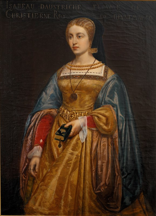 Gemälde einer Frau in einem goldenen Kleid mit detaillierten Verzierungen, identifiziert als Isabella daustriche, von Christierne Roy, mit einem ordentlichen Dutt, feinen Gesichtsmerkmalen und einem seren, würdevollen Ausdruck.
