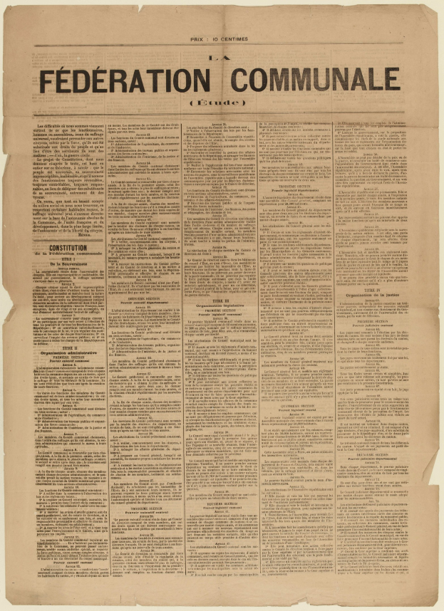 Gelblicher alter Zeitungsartikel mit "Fédération Communale" in fetter schwarzer Schrift auf einem hellen cremefarbenen Hintergrund.