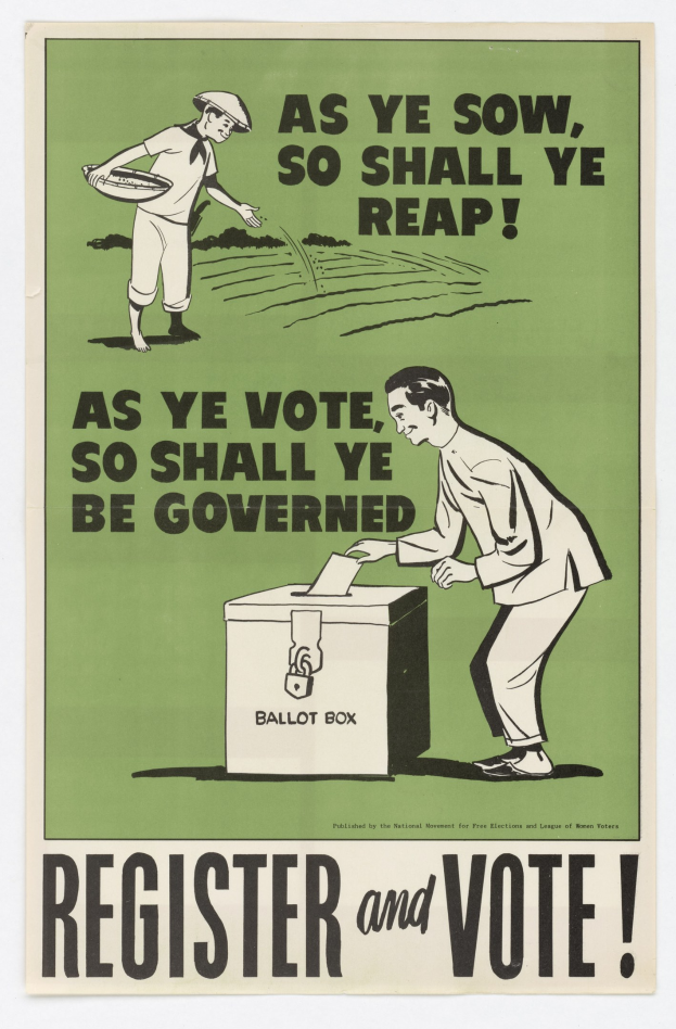 Ein Plakat mit einem Mann im Anzug und einer Frau vor einer Box, darüber der Text "Registrieren und Wählen".