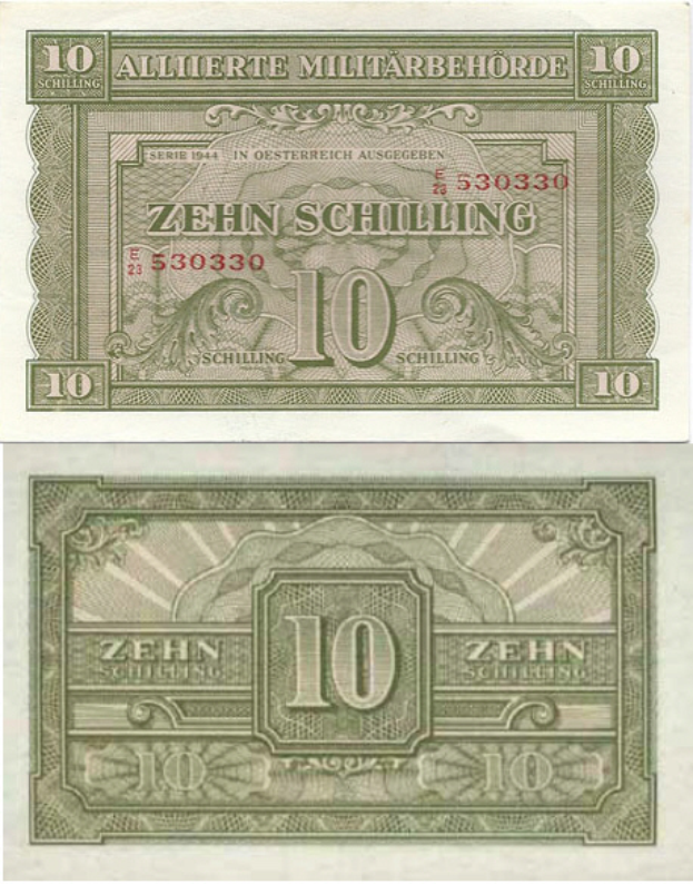 Eine deutsche 10-Schilling-Banknote von 1944, auf der die Aufschrift '10 Schilling' prägt.