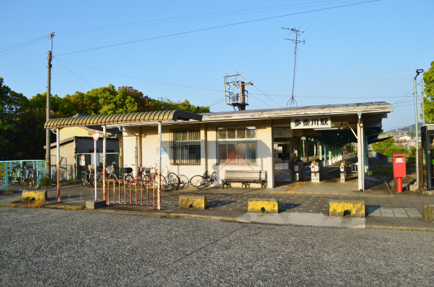 Ein Bahnhof mit Fahrrädern vorne, einer Straße unten, Häusern und Bäumen im Hintergrund und einem klaren blauen Himmel.