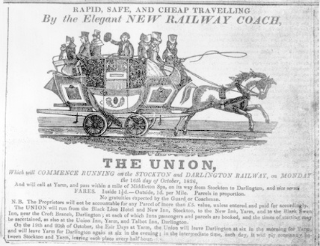 Eine alte Zeitungsanzeige der Gewerkschaft, die eine Kutsche mit einer Gruppe von Menschen zeigt, mit Text auf dem Papier.