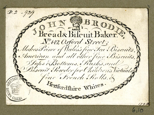 Alte Visitenkarte für John Brodie Bread & Biscuit Baker, mit Text, der wahrscheinlich die Angebote der Bäckerei beschreibt.