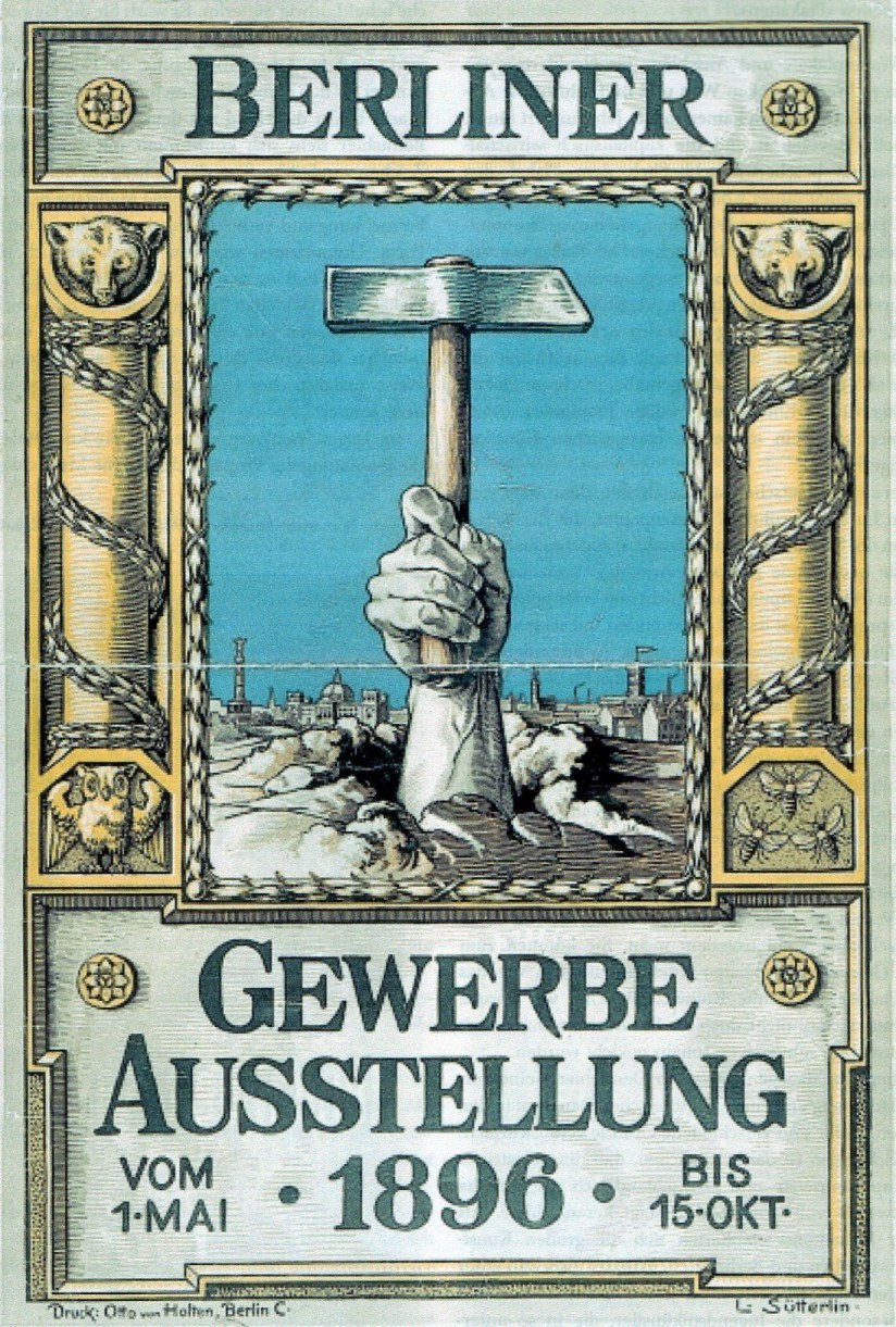 Plakat von der Berliner Gewerbeausstellung 1896 mit einer Hand, die einen Hammer hält