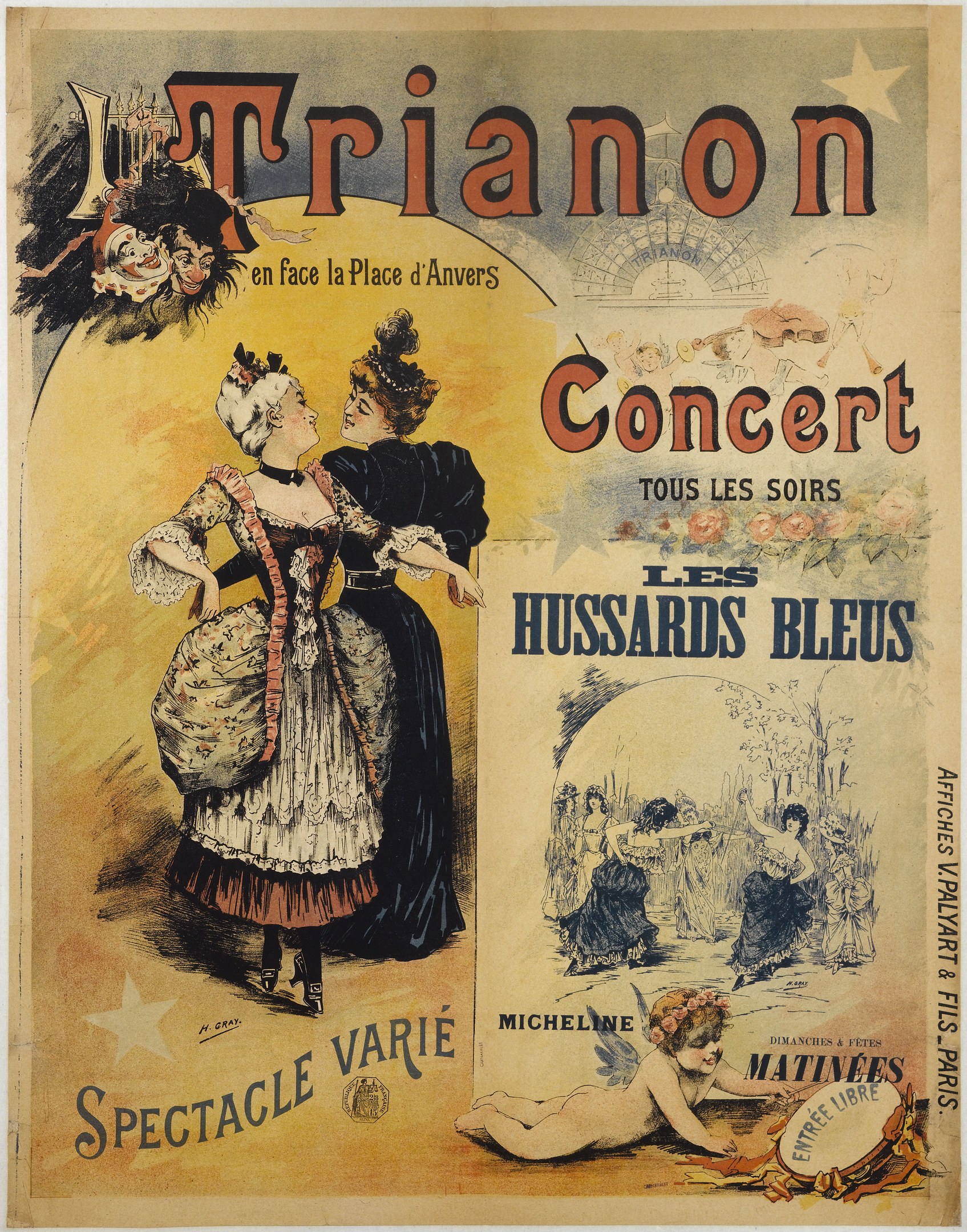 Ein Konzertplakat, das eine Frau in einem langen, hochgeschlossenen Kleid mit langen Ärmeln und einen Mann in einem Anzug zeigt, der hinter ihr steht und die Arme verschränkt, beide mit ernsten Gesichtern.