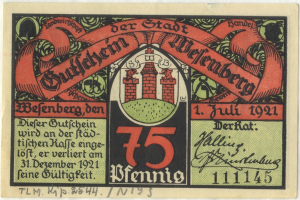Eine alte deutsche Banknote mit einem Gebäude darauf, mit dem Text "Bundesliga" und einem Logo unten auf einem weißen Hintergrund.