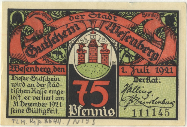 Eine alte deutsche Banknote mit einem Gebäude darauf, mit dem Text "Bundesliga" und einem Logo unten auf einem weißen Hintergrund.