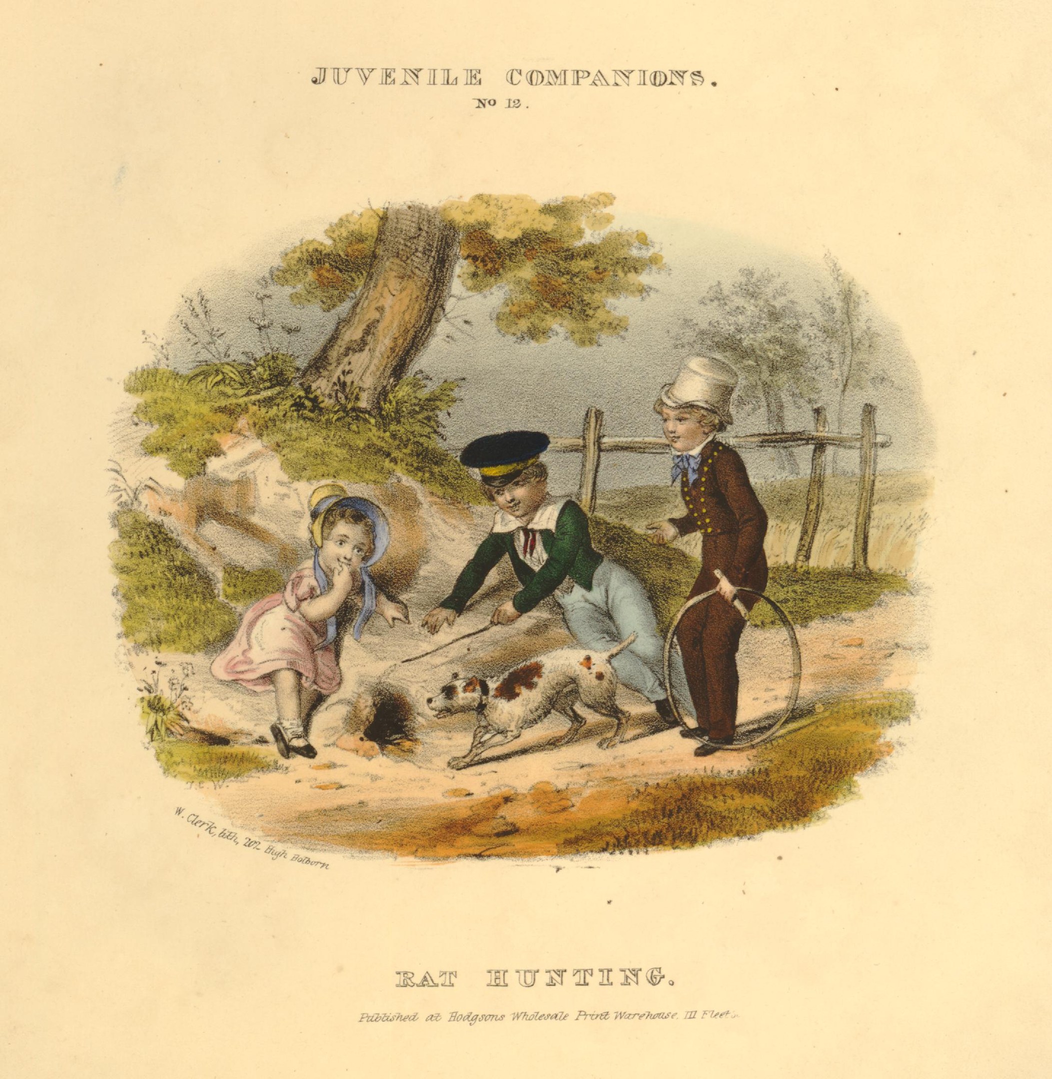 Ein Kindesbild, das drei Kinder zeigt, die mit einem Hund in einem Park spielen, umgeben von Bäumen, Pflanzen und einem Zaun, mit Text unten.