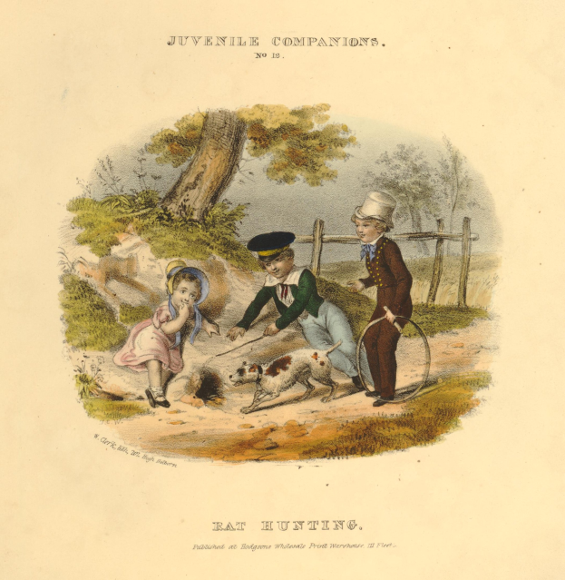 Ein Kindesbild, das drei Kinder zeigt, die mit einem Hund in einem Park spielen, umgeben von Bäumen, Pflanzen und einem Zaun, mit Text unten.