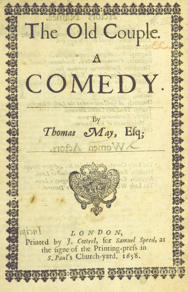 Titelblatt eines alten Buches mit dem Titel "The Old Couple: A Comedy" mit einem Logo auf der Titelseite.