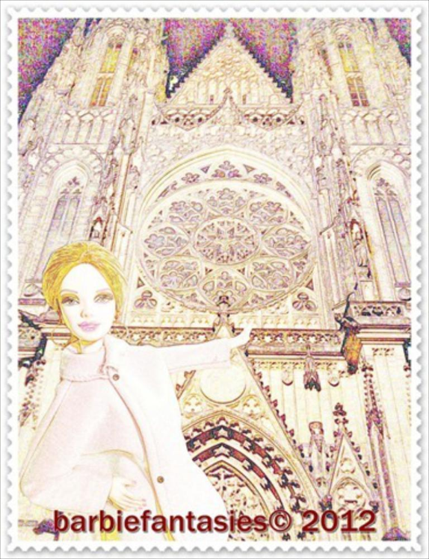 Eine Briefmarke mit einer Frau und einem Gebäude und begleitendem Text.