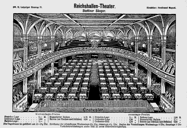 Eine Schwarz-Weiß-Zeichnung des Reichshallen Theaters in Berlin, Deutschland, das das Auditorium mit Sitzreihen, Säulen und einer Decke zeigt, mit Text unten.