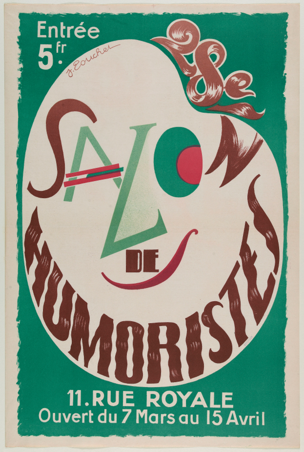 Ein Plakat, das ein Humoristentreffen in Paris, Frankreich, ankündigt, mit Text, der die Angebote des Treffens beschreibt.