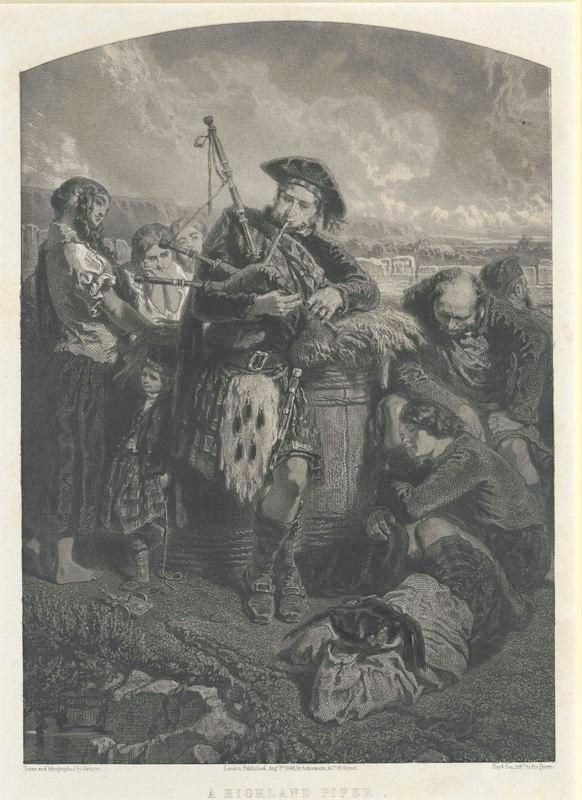 Schwarze und weiße Gravur eines Mannes, der eine Dudelsack spielt, mit einer Gruppe von Menschen im Hintergrund und dem Text "Ein Highland Pipe" unten.