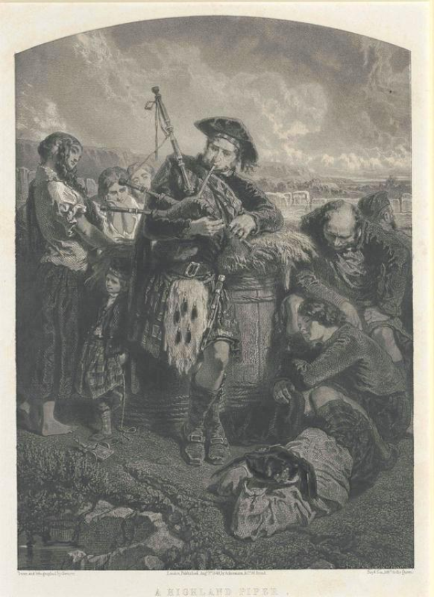 Schwarze und weiße Gravur eines Mannes, der eine Dudelsack spielt, mit einer Gruppe von Menschen im Hintergrund und dem Text "Ein Highland Pipe" unten.