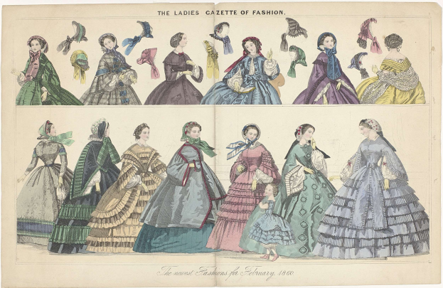 Ein altes Mode-Magazin namens 'The Ladies Gazette of Fashion' mit Illustrationen von Frauen in bunten, verschiedenen Kleidern und kunstvoll gestalteten Hüten.