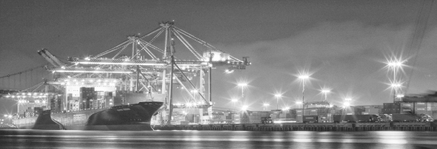 Ein Schiffbauwerk mit Metallstrukturen, Laternen, Containern und Schiffen.