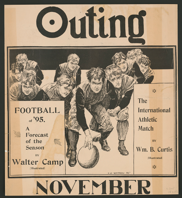 A black poster advertising a football game titled "Outing Football of '95: A Forecast of the Season", featuring a group of people likely representing the players.