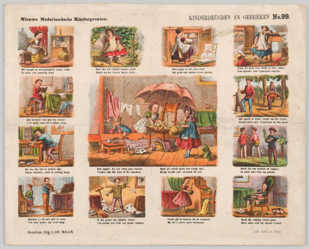 Ein abgenutztes Buch mit Illustrationen von Kindern, die in einem sonnigen, grünen Garten spielen, mit Szenen, in denen sie Aktivitäten wie das Spielen mit Spielzeug und einem Ball nachgehen.