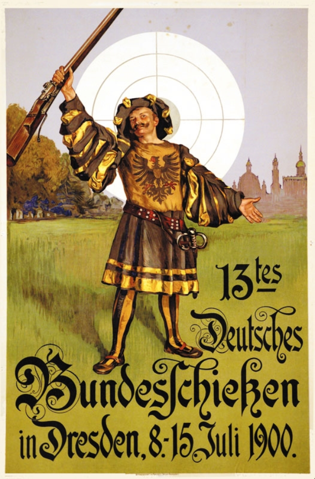 Ein Plakat bewirbt ein Ereignis am 13. Juli in Dresden, Deutschland, mit einer Person, die eine Waffe hält, umgeben von Bäumen und Gebäuden, und Text mit Informationen zum Ereignis.