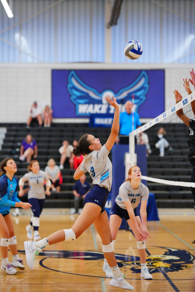 Eine weibliche Volleyballspielerin, die zum Aufschlag springt und den Ball über das Netz schlägt, mit Zuschauern auf einer Treppe und einem Banner im Hintergrund, einschließlich sichtbarer Turnschuhe.