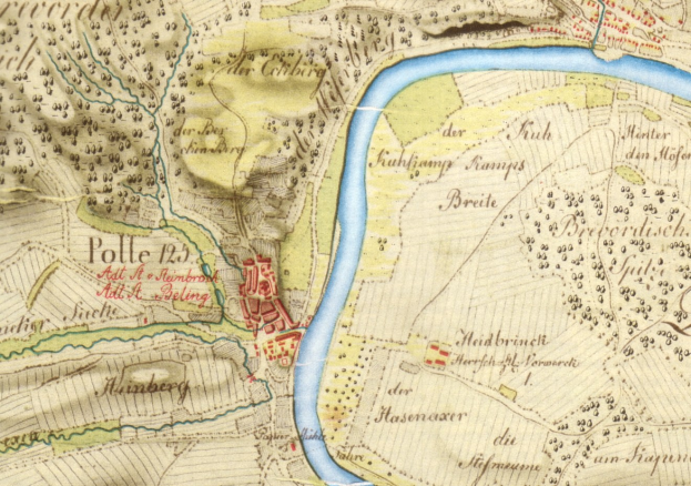 Ausführliches altes Stadtplan von Polle, Deutschland, mit Straßen, Gebäuden und einem Fluss, der durch die Stadt fließt.