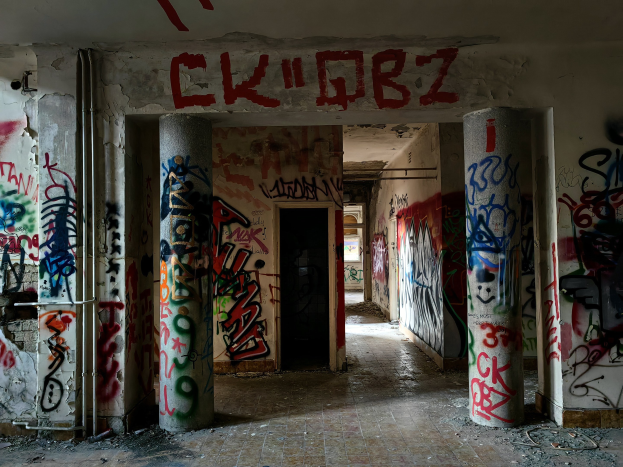Verlassenes Gebäude mit graffiti-bedeckten Wänden, sichtbarem Boden, freiliegenden Rohren und einer Tür im Hintergrund.
