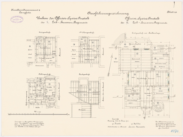 Schwarzer und weißer Grundriss des ehemaligen Bundeskanzleramts in der Bundesrepublik Deutschland, der detaillierte architektonische Layout- und Textanmerkungen zeigt.
