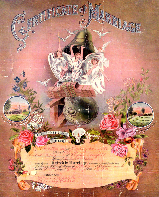 Ein altes Eheurkunde-Dokument mit einem Bild eines Mannes und einer Frau, geschmückt mit Blumen, Blättern, Vögeln und anderen Gegenständen, mit der Aufschrift "Eheurkunde".