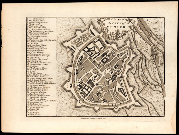 Detailreiche alte Karte von München, Deutschland, auf schwarzem Hintergrund, die Straßen, Gebäude und Sehenswürdigkeiten mit beschriftetem Text zeigt.