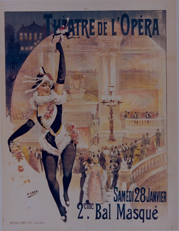 Plakat für das Théâtre de l'Opéra in Paris mit einer zentralen Frau, umgeben von einer Menge, Laternen und einem Gebäude sowie Text.