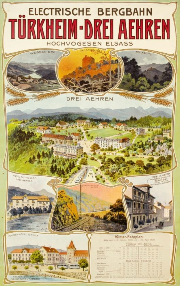 Plakat bewirbt Bergbahn, Deutschland als eine elektrische Stadt, zeigt Bilder von Gebäuden, Bäumen, Hügeln und Text.