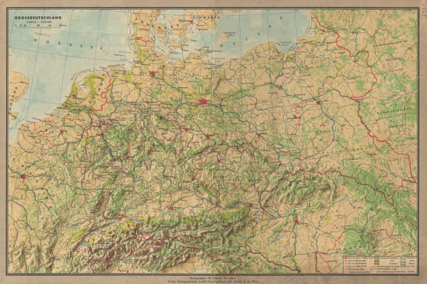 Detailiertes altes Deutschland-Karte mit Straßen, Autobahnen und geografischen Merkmalen mit Text oben und unten.