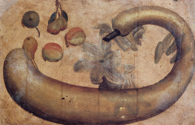 Gemälde einer Banane mit einer Blume darauf, umgeben von verschiedenen Früchten und Blättern auf einem Papier mit leuchtenden Farben und detaillierter Bildgestaltung.