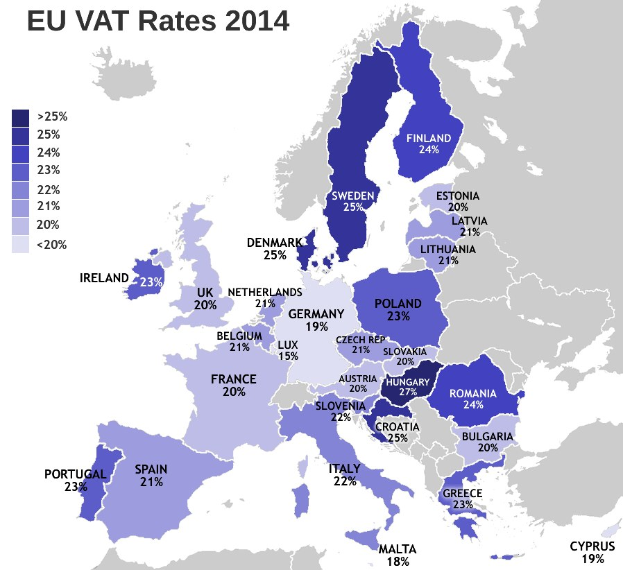 Karte von Europa, die die EU-Mehrwertsteuersätze von 2014 mit Prozentangaben und Textannotationen zeigt.
