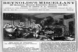 Eine alte Zeitung mit einem Schwarz-Weiß-Foto einer Gruppe von Menschen, die um einen Tisch sitzen und sich unterhalten, mit dem Text "Reynolds's Miscellany of Romance, General Literature, Science, and Art" auf der Seite.