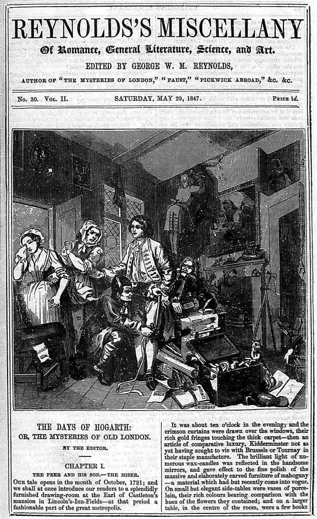 Eine alte Zeitung mit einem Schwarz-Weiß-Foto einer Gruppe von Menschen, die um einen Tisch sitzen und sich unterhalten, mit dem Text "Reynolds's Miscellany of Romance, General Literature, Science, and Art" auf der Seite.