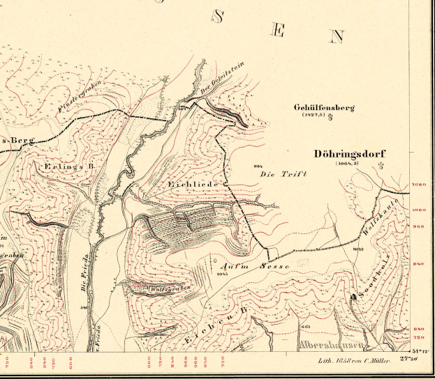 Ein detailliertes topografisches Stadtplan von Dühringsdorf, Deutschland, mit Text- und Geländedaten.