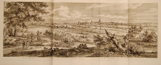 Offenes Buch mit dem Titel 'Ansicht der Schlacht von Castellum und Castellium aus der Illustrated London News', das eine historische Schlachtenszene mit einer Gruppe von Menschen, Bäumen, Pflanzen, Gebäuden und Wolken zeigt.