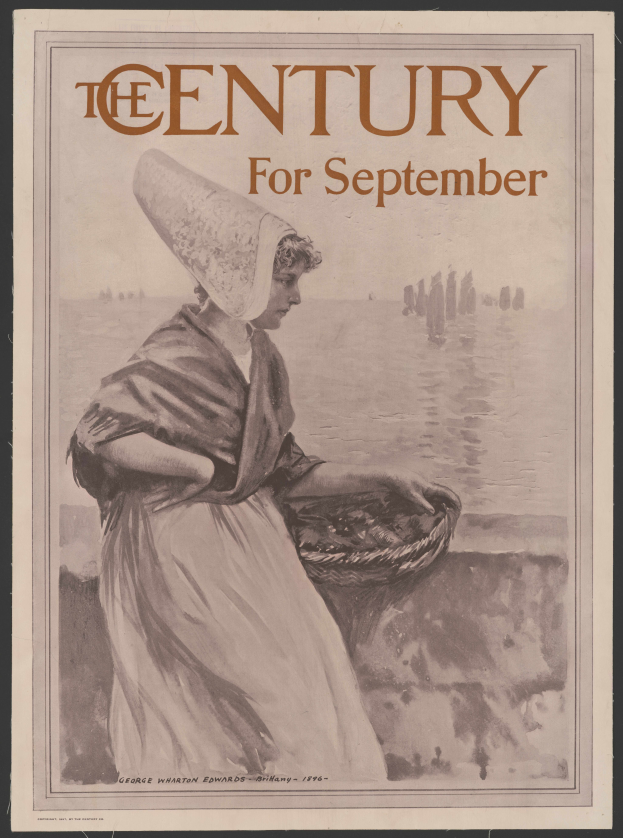 Eine Frau in einem weißen Kleid und blauer Stola hält einen Korb, mit der Aufschrift "Das Jahrhundert für September" darüber, vor einem sternenklaren Nachthimmel.