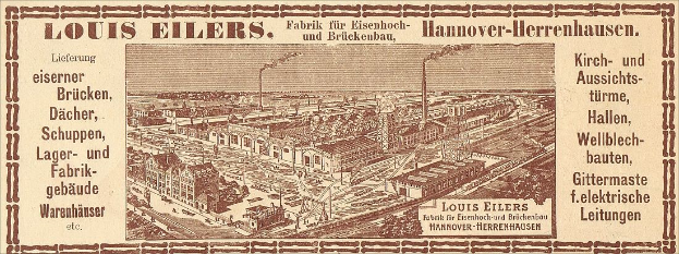 Schwarze und weiße Werbung für die Louis Eilers Hannover-Herrenhausen-Fabrik, die ein Bild der Fabrik mit begleitendem Text zeigt.