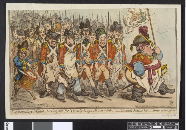Gruppe von Männern in Militäruniformen marschiert die Straße entlang, einer hält einen Stock in der Hand, mit Text unten: "Zusätzliche Miliz, Ausmarsch für zwanzig Tage Vergnügen"