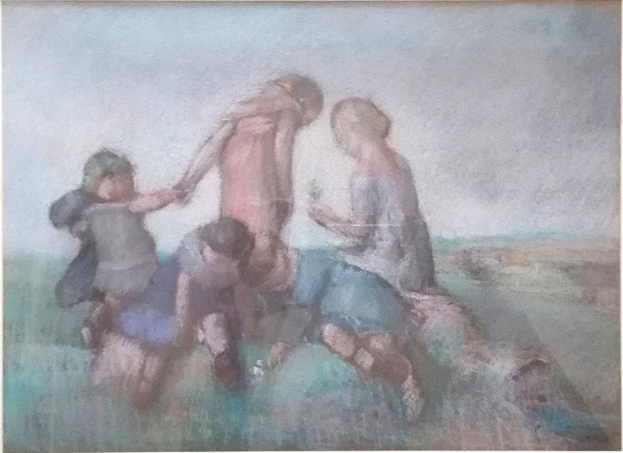 Malerei von Kindern beim Spielen auf einem Feld, gerahmt, mit hellen, fröhlichen Farben und spielerischen Ausdrücken.